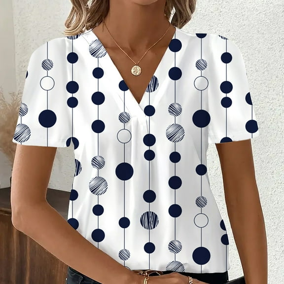 Guzom Womens Casual V Neck Polka Dots Short Sleeve Blouse - True to Size,White,Size M