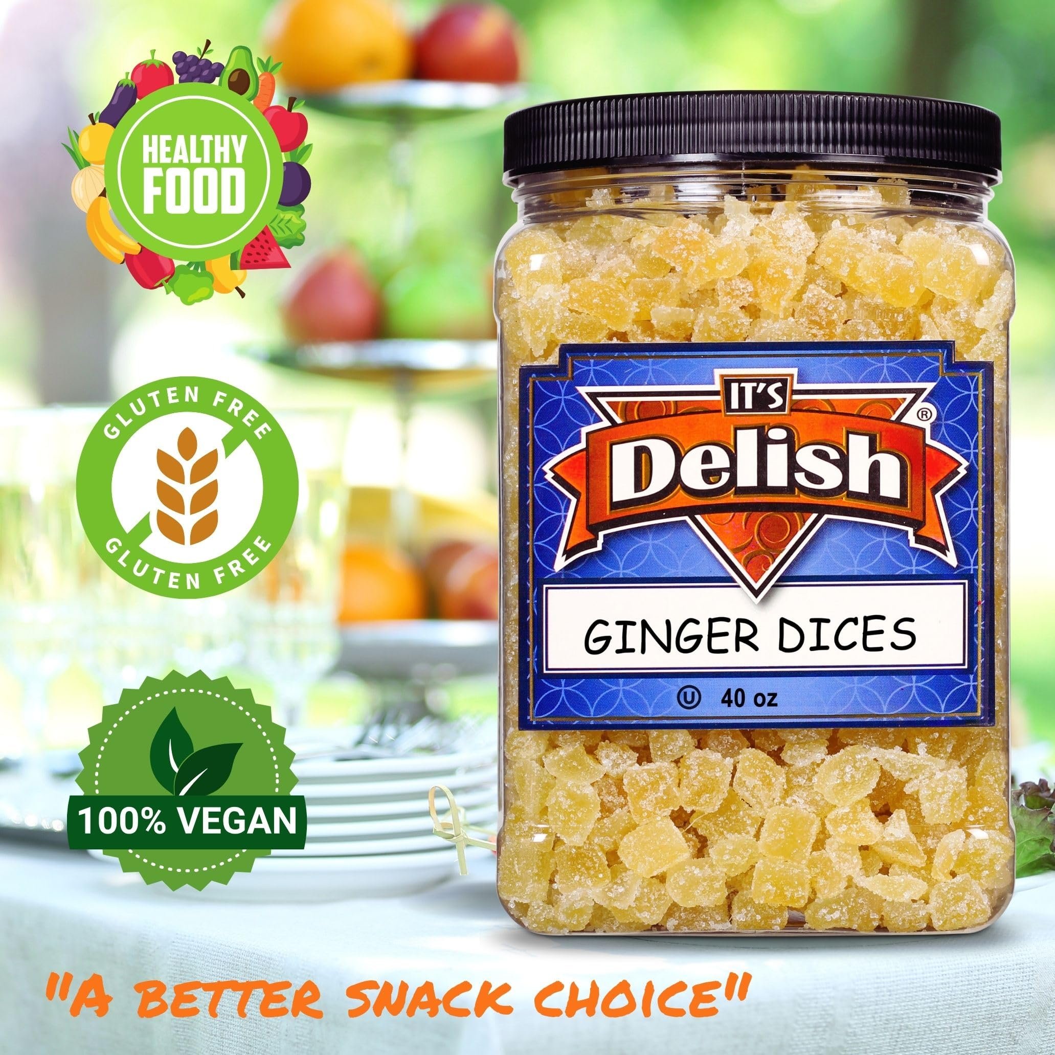 Crystallized Ginger Dices by It's Delish, 2.5 Lbs Jumbo Container  Candied Dried Ginger Fruit Chews Natural Candy, Ginger Root with Sugar Crystals, Unsulphured, No Color Added - Healthy Snack, Vegan