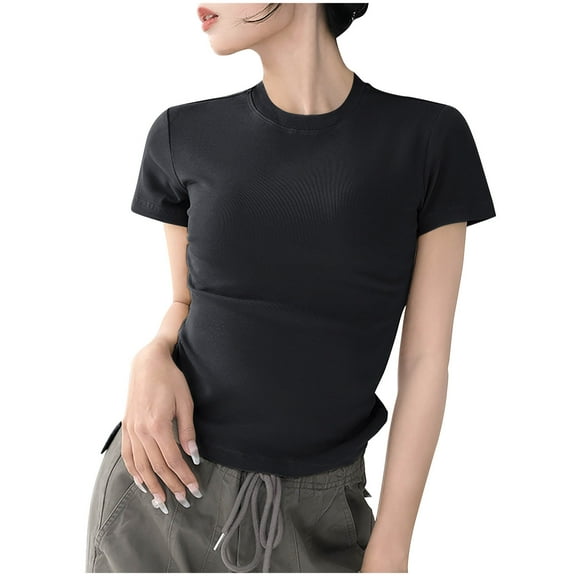 Shirts for Women Plus Size Short Sleeved Round Neck Solid Color Shoulder T-shirt Black L