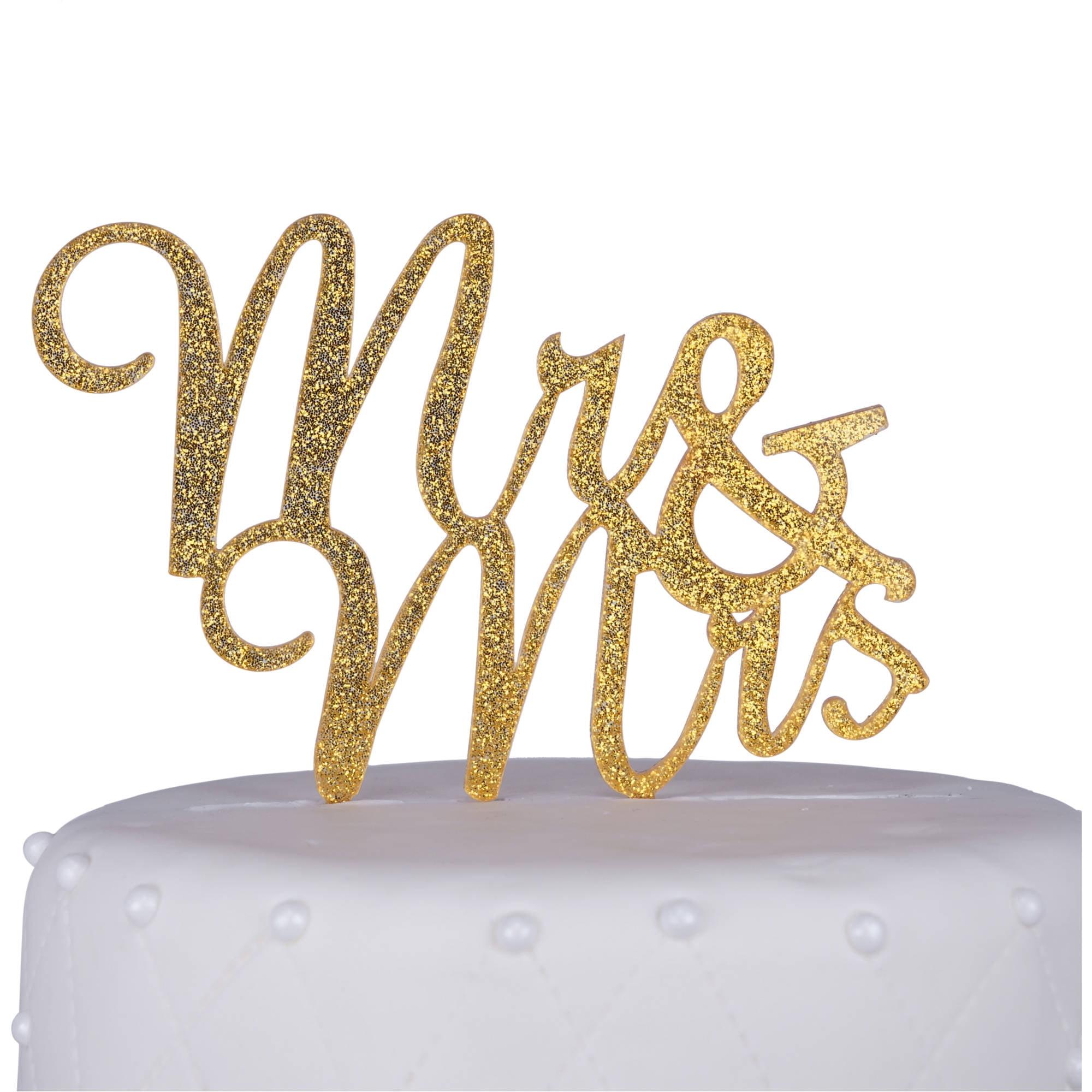 MR & MRS gold glitter wedding cake topper