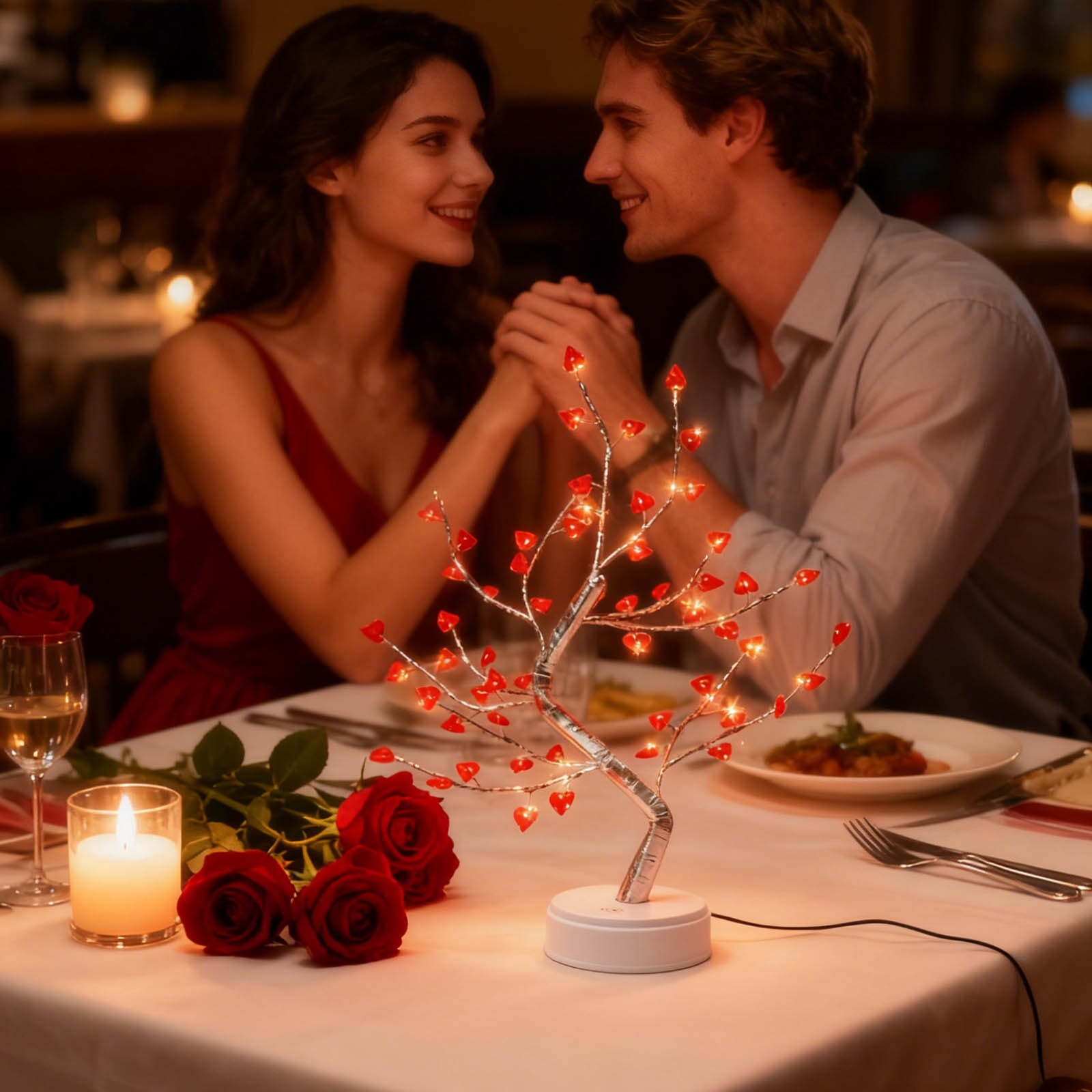 24in Lighted Valentine's Day Tree with 18 Heart Ornaments, LED Battery or USB Powered Valentine's Tabletop Home Decor, Romantic Gift