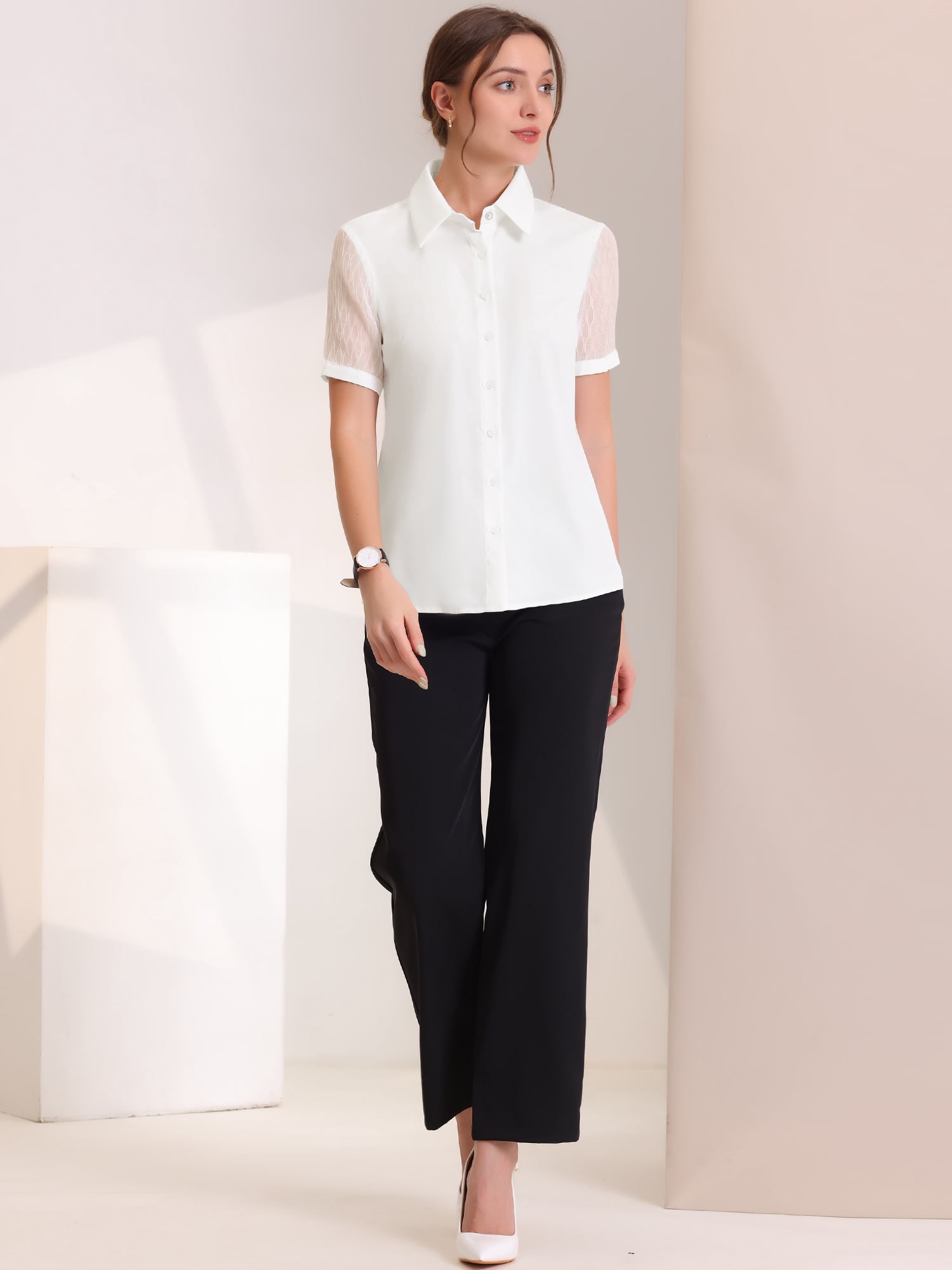 DARING DIVA Women's Button Down Sheer Short Sleeve Point Collar Work Shirt  XS White