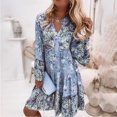 thumbnail image 3 of Women's Long Sleeve Dress Print A-line Elegant Pleated Casual Beach Skater Dress Flared Sleeve V-Neck Midi Dresses, 3 of 9