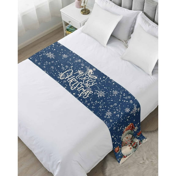Blue Christmas Bed Runner for Full/ Queen Size Bed, Xmas Snowman Snowflake Vintage Bedspread Protector Slipcover Bed Scarf for Foot Bed Runners & Scarves for Bedroom Hotel Wedding Room 83x20 Inches