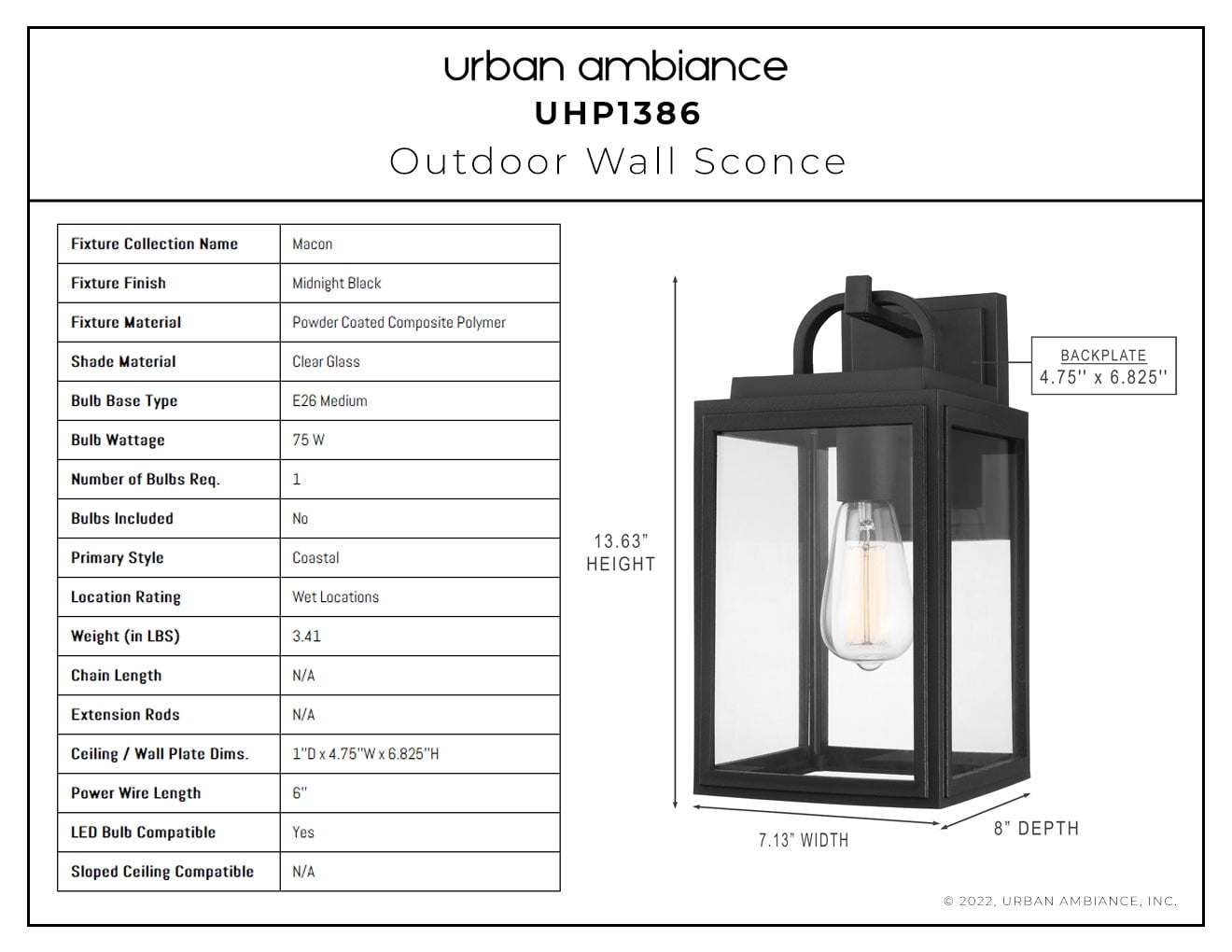 Luxury Farmhouse Wall Sconce, 13.625H x 7.125W, with Modern Farmhouse Style, Midnight Black, UHP1386 by Urban Ambiance