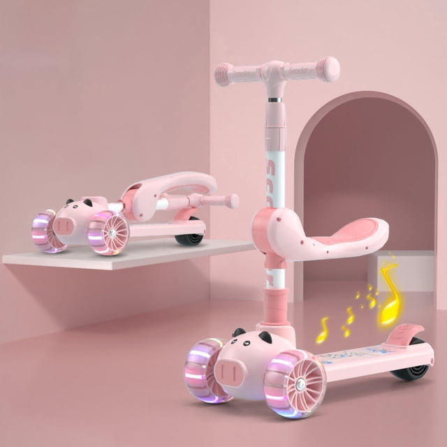 Trottinette à 3 Roues Hauteur Réglable avec Musique Lumière Trottinette Pliable à Propulsion pour Enfants Garçons Filles Rose