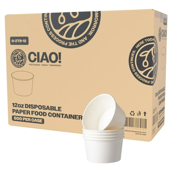 CIAO! 12OZ Disposable White Paper Food Container, 115mm Diameter, Lids Sold Separately (500/case)