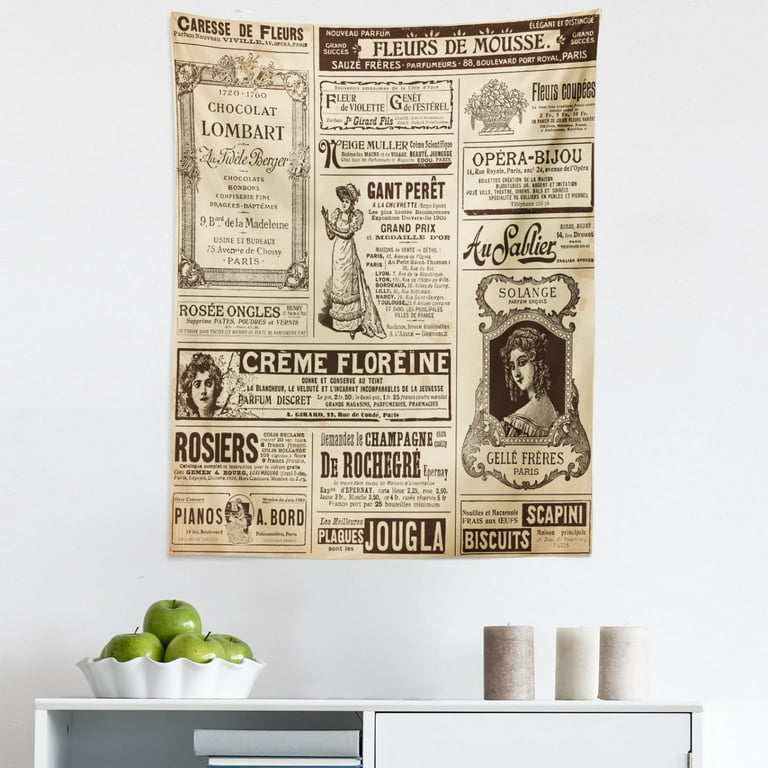 Vintage Tapestry, Vintage Old Historic Newspaper Journal French Paper  Lettering Art Design, Fabric Wall Hanging Decor for Bedroom Living Room  Dorm, 5 Sizes, Army Green and Beige, by Ambesonne 
