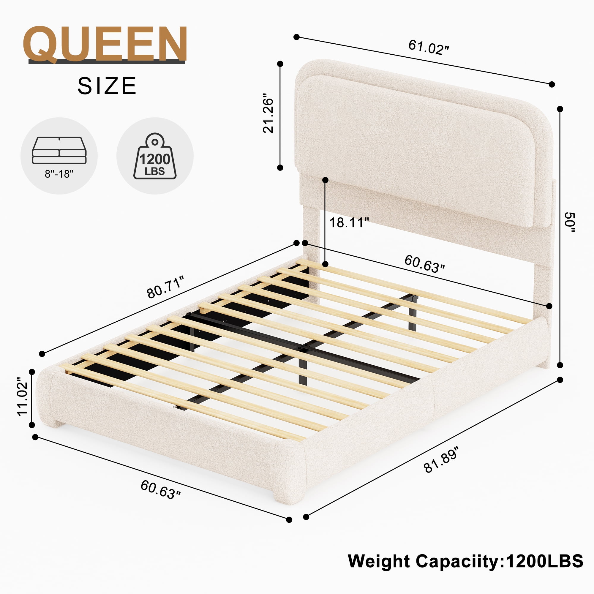 SIBEDS Queen LED Bed Frame, Teddy Fleece Upholstered Platform Bedframe, No Box Spring Needed, Cream