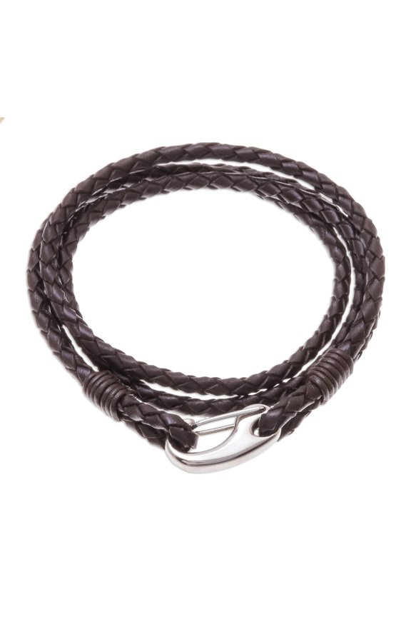 Leather wrap bracelet, 'Braided Friendship in Black'