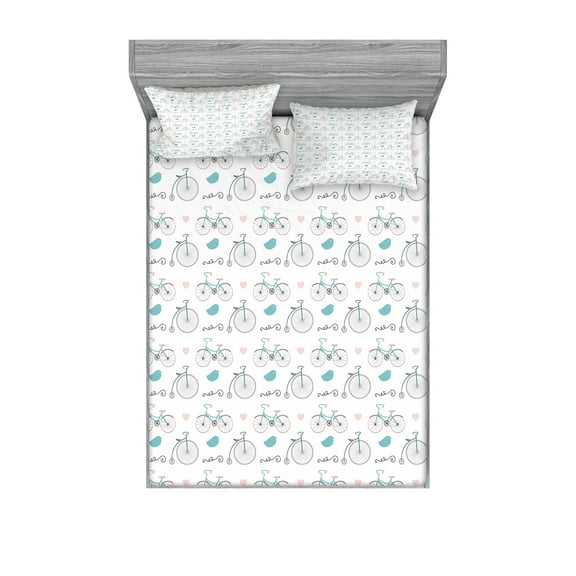 Ambesonne Vintage Fitted Sheet & Pillow Sham Set, Bikes Hipster Retro, Full, Soft Pink Blue