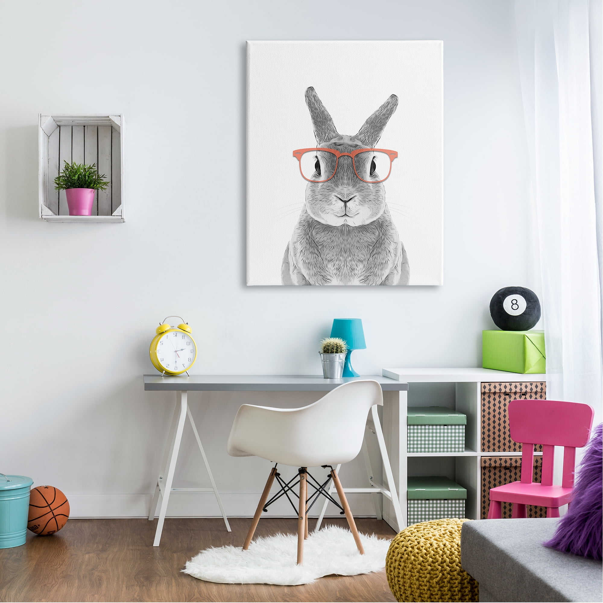 Stupell Industries Cute Bunny Rabbit Glasses Monochrome Illustration Kids Painting Gallery-Wrapped Canvas Print Wall Art, 36 x 48, Design by Annalisa Latella