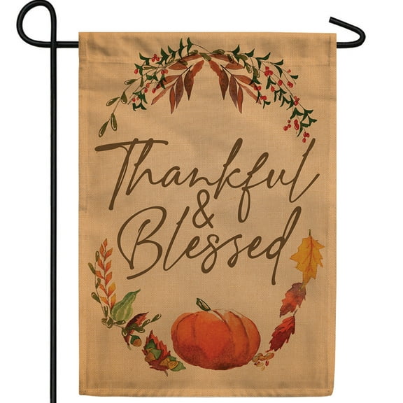 America Forever Thankful & Blessed Garden Flag, 12.5 x 18 inch Double Sided, Fall Pumpkin Decor, Autumn Leaves Wreath, Thanksgiving Inspirational Outdoor Yard Banner