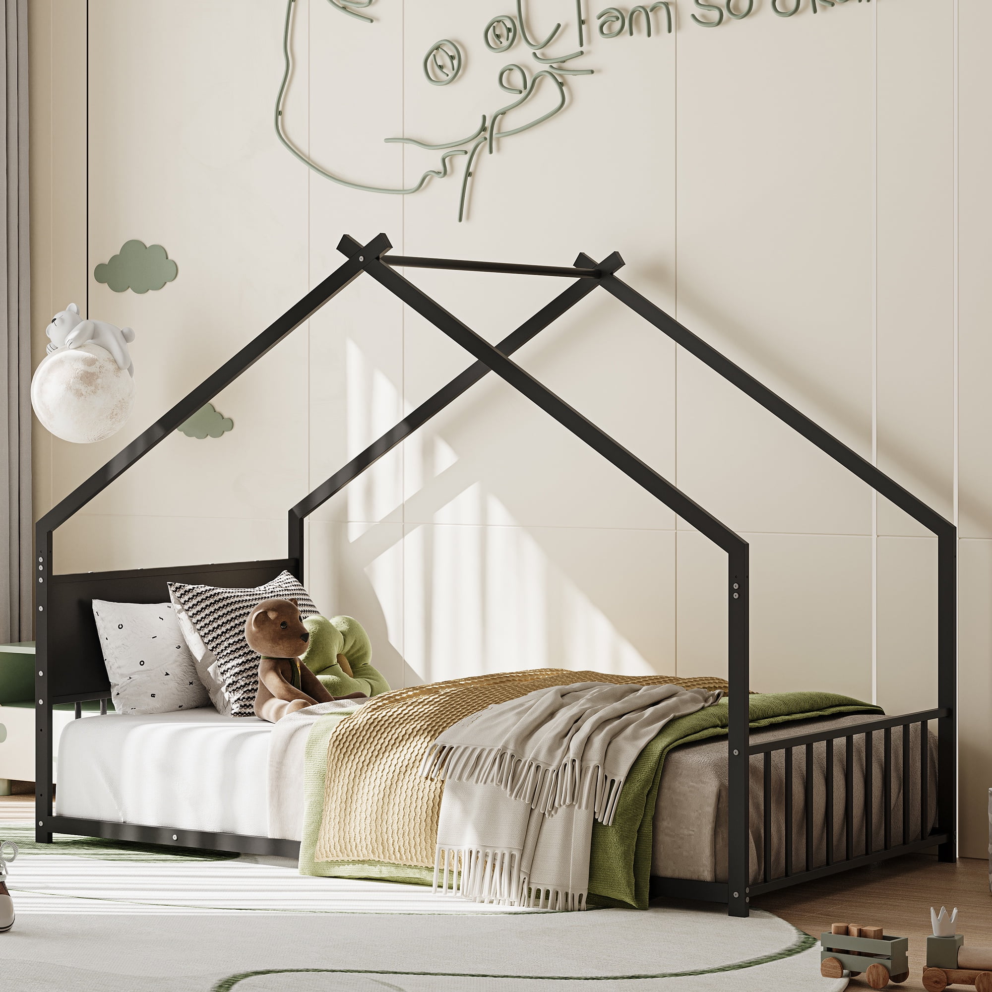 PORKISS Twin Size Floor Bed, Metal Toddler Bed with LED Light Strips, Slat, Fence, No Box Spring Needed, Montessori Bed, Full House Bed Frame for Kids, Boys, Girls, Black #2