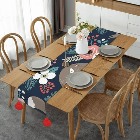 

Fox Animal Flower Mon And Daughter Son Table Runner Imitation Linen Table Runner With Red Tassels For Party And Dining Room 14 x 60