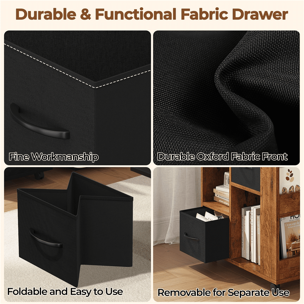 Renwick Modern Wooden Rolling Side Table with 2 Foldable Fabric Drawers and Magazine Racks, Rustic Brown
