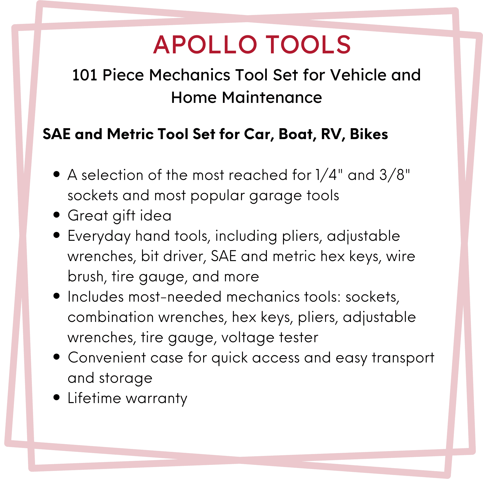Apollo Tools 101 Piece Mechanic Tool Set for Vehicle and Home Maintenance, Roadside Emergencies. SAE and Metric Tool Set for Car, Boat, RV, Bikes - DT0006