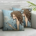 thumbnail image 3 of COMIO  Retro Throw Pillow Cushion Cover, Fashion Woman with Dandelion Flower Spring Wind Garden Sketchy Illustration, Decorative Square Accent Pillow Case Warm Taupe and Blue, 3 of 5