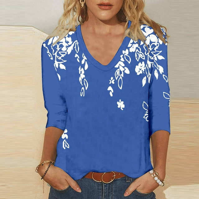 Blouses pour Femmes, Blouses pour Femmes Mode, T-Shirt Imprimé Mode Femmes Manches 3/4 Blouse Col en V Hauts Décontractés