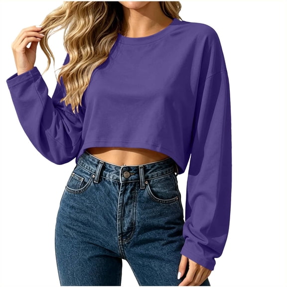 Hurxie Womens Cropped Sweatshirt Oversized Crewneck Boxy Crop Pullover Casual Athleisure Top Purple,S
