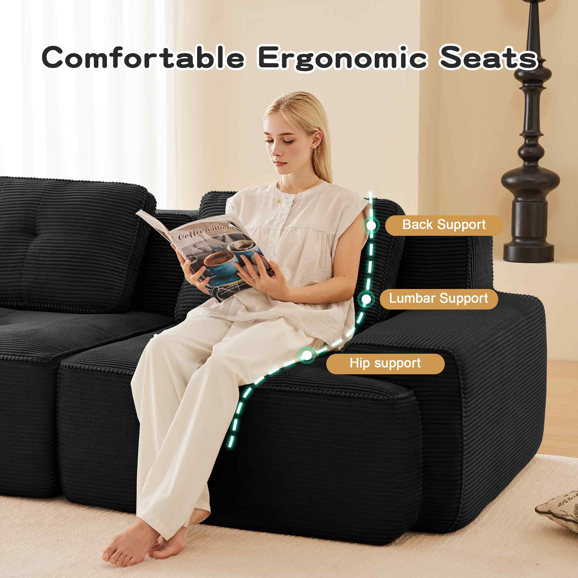 FFH 80" Corduroy Loveseat Modular Cloud Couch Sectional Sofa for Living Room (Black, 2 Seater)