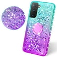 thumbnail image 3 of SOGA Rhinestone Liquid Quicksand Cover Cute Girl Phone Case Compatible for Samsung Galaxy S21+ Plus 5G Case with Embedded Ring for Magnetic Car Mounts and Lanyard - Purple/Teal, 3 of 5