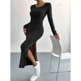 thumbnail image 4 of Women'S Fall Long Sleeve Casual Ribbed Knit Slim Fit Elegant Crew Neck Side Slit Maxi Dresses Black S, 4 of 9