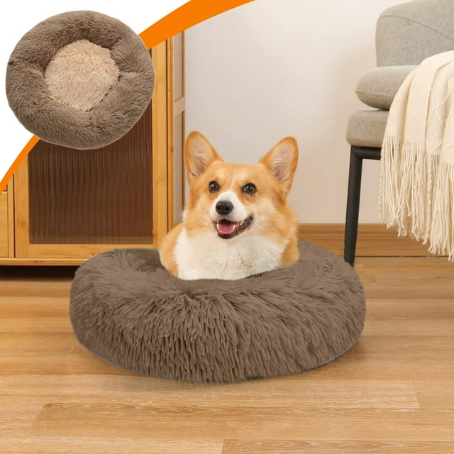 Soft Plush Round Pet Bed for Cats Dogs Cozy Sleeping Kennel Indoor Machine Washable Non Slip Bottom Medium Sized Teddy Polyester Bed Warm Comfy Snooze House for Kitty Small Pets Brown
