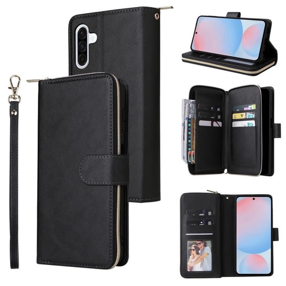 For Samsung Galaxy A37 5G Wallet Phone Case With 9 Card Holder Zipper Pocket, Magnetic Closure Premium PU Leather Flip Case With Wrist Strap,Black,For Galaxy A37 5G