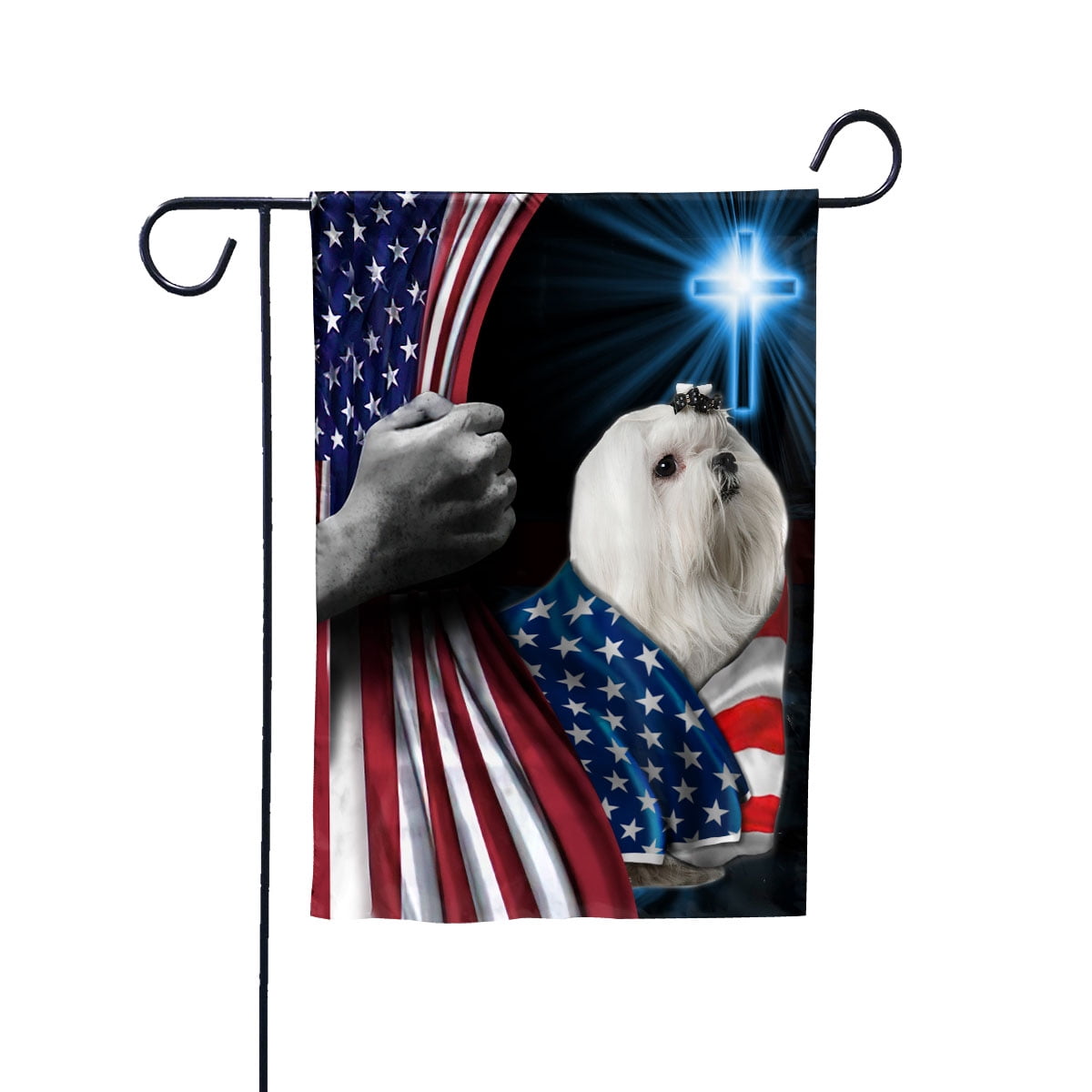 Hand Pulling USA Flag Maltese Dog Wearing Flag American Standing under Cross Christian Patriotic House Flag (3x5) Double Sided- Premium Polyester-Decorative Indoor Outdoor Flag