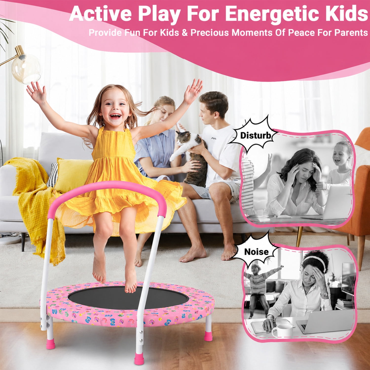 LIZEVINC 36" Trampoline Indoor Trampoline with Handle,Pink