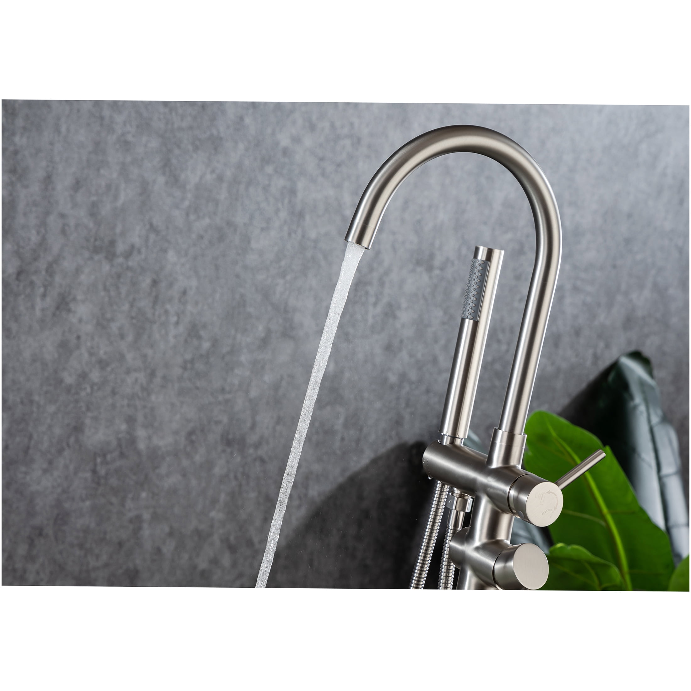 JERFIT Floor Mounted Single Handle Freestanding Tub Filler with Hand Shower, Brushed Nickel Stainless Steel Bathtub Faucet