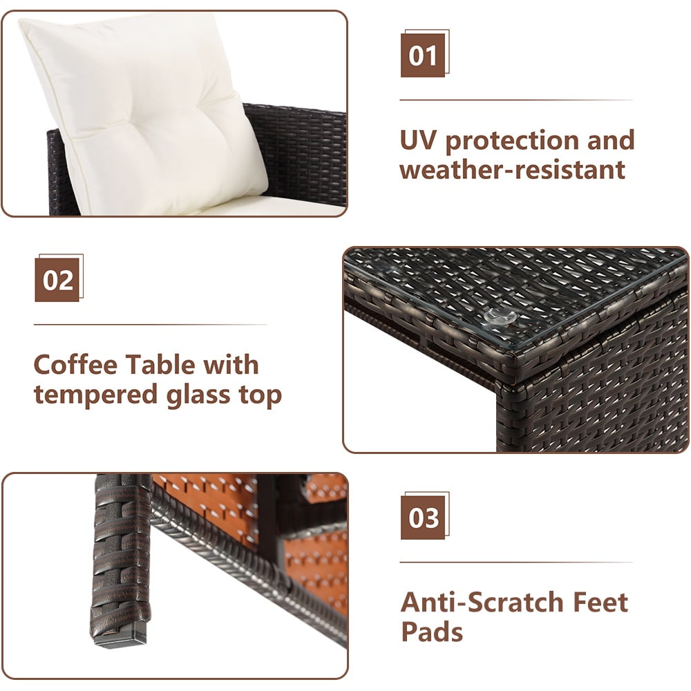 3 Piece Patio Furniture Set, All-Weather Outdoor Sectional Sofa Set, PE Rattan Conversation Set with Table & Cushions, Wicker Furniture Couch Set for Patio Deck Garden Poolside Yard