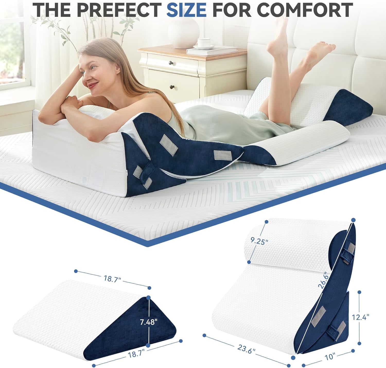 4PCS Bed Wedge Pillow Post Surgery, Orthopedic Sleeping Wedge Pillow Set for Back, Neck and Leg Pain Relief, Acid Reflux, GERD, Memory Foam Support Pillows for After Surgery, Navy