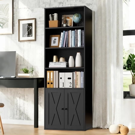 Vongrasig Farmhouse Bookcase with Doors & Storage, Tall 6-Tier Wood Bookshelf for Home Office Organization, Living Room Display, and Bedroom Storage Alternatives, 71-Inch Standing Shelf, Black