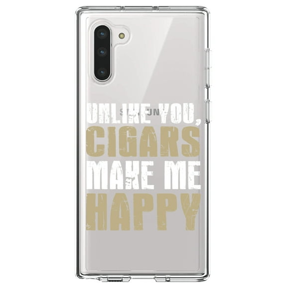 DistinctInk Clear Shockproof Hybrid Case for Samsung Galaxy Note 10 (6.3" Screen) - TPU Bumper Acrylic Back Tempered Glass Screen Protector - Unlike You, Cigars Make Me Happy