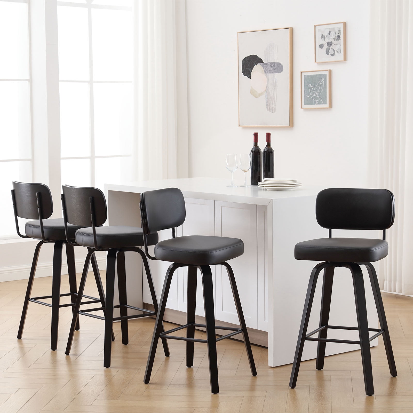 ANMINY Swivel Counter Height Bar Stools, Set of 1, Upholstered Faux Leather Barstools with PU Back, 29" Seat Height Bar Chairs for Kitchen Island, Bentwood Wood Frame