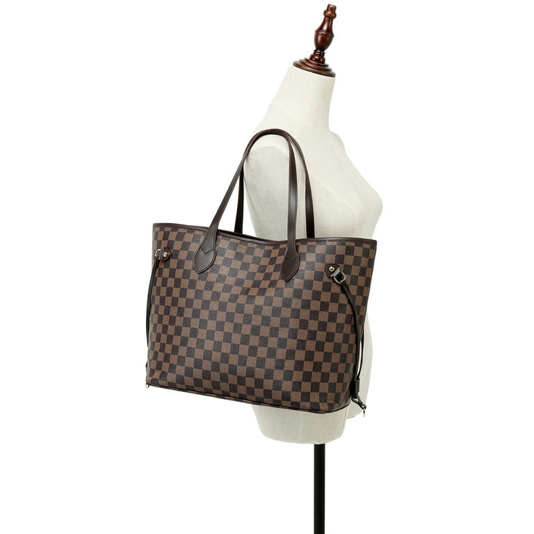 Twenty Four Women's Handbag Checkered Shoulder Bag Tote Fashion Casual Bag -Leather (Checkered Brown) Mothers Day Gifts, Size: Large