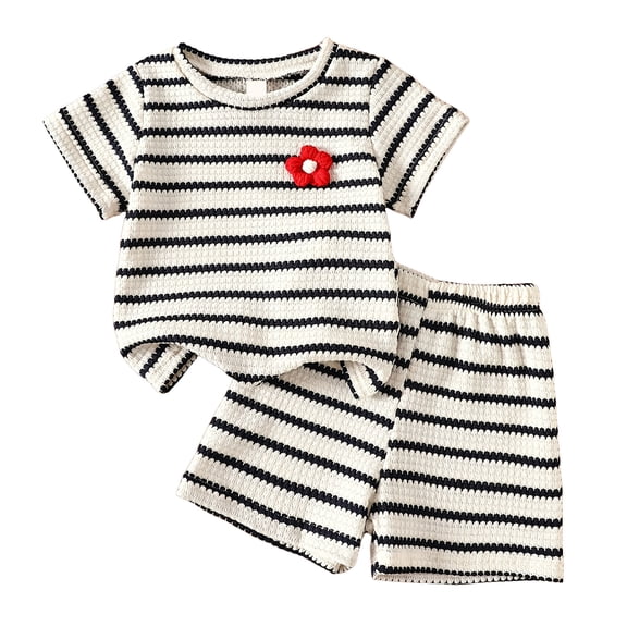 Toddler Girls Striped Knit 2 Piece Summer Outfits Breathable Crew Neck Short Sleeve Top with Flower Elastic Waist Shorts Black