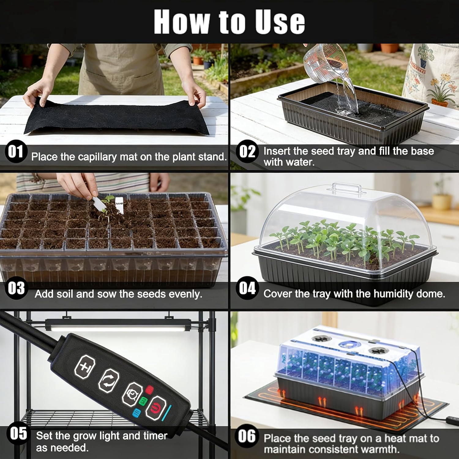 60 Cell Self-Watering Seed Starter Tray with Grow Light and Heat Mat,Seed Starter Kit,Humidity Domes,Auto Timer,Flexible Brightness Seedling Starter Trays for Seed Starting & Seeds Growing