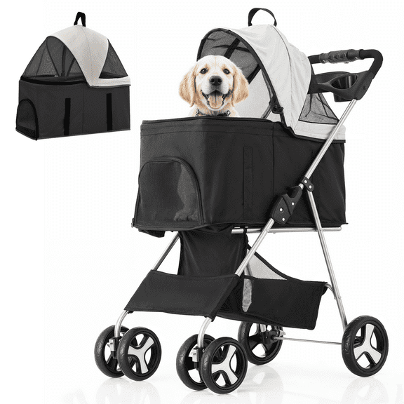 Folding Dog Stroller Adjustable Canopy Pet Travel Carrier Detachable Basket Cart