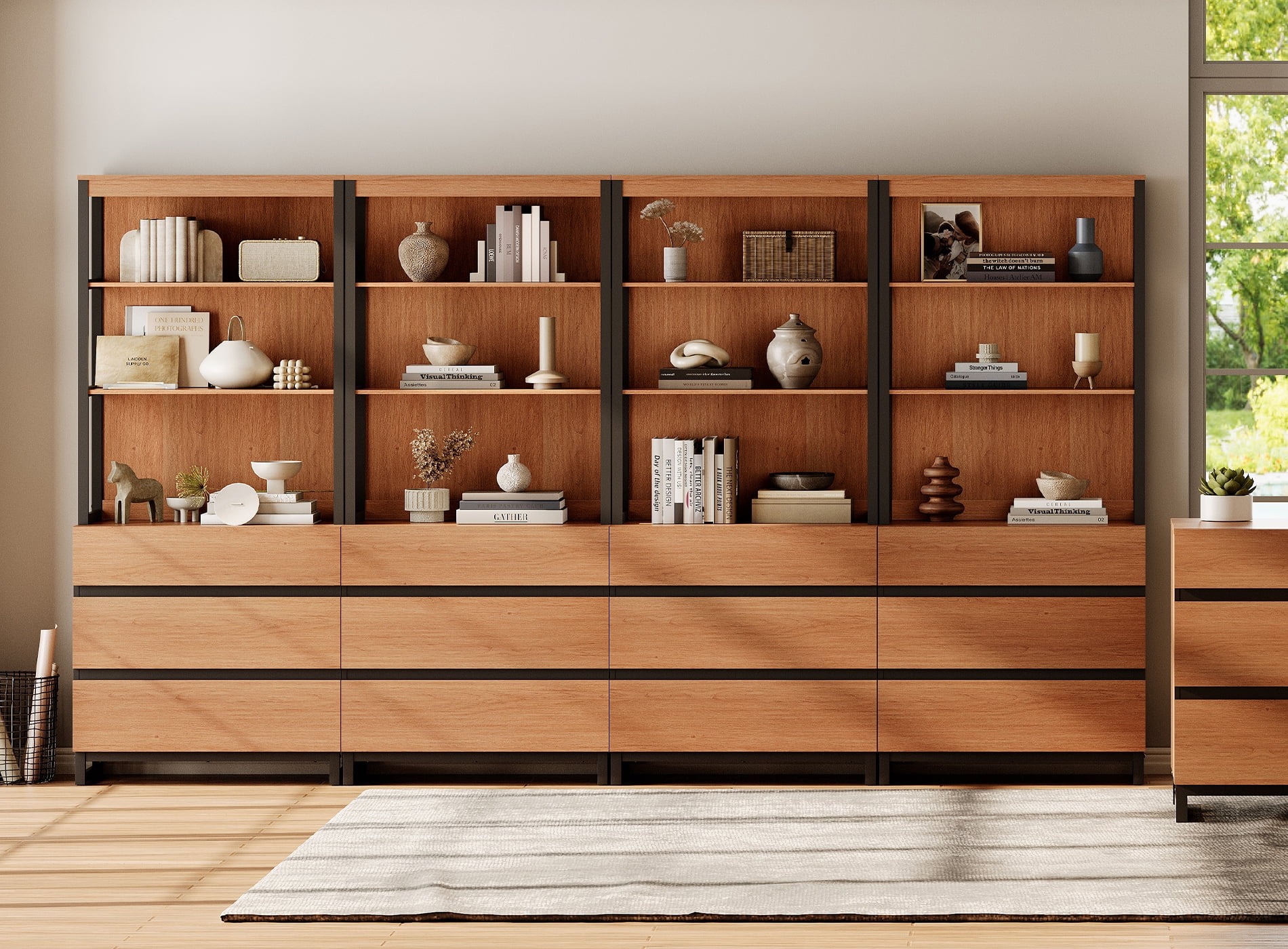 WAMPAT 4 PCS Modern 72" Tall Bookcase with 12 Drawers and Open Book Shelfs, Library Book Shelf with Storage Cabinet and Metal Base, Wood Freestanding Bookshelves for Home Office, Living Room, Mocha