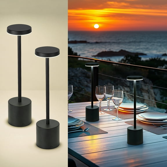LTMATE Cordless LED Desk Lamp, Black Table Lamp with 3 Colors Stepless Dimming, 5200mAh Battery Operated for Home Office Restaurant Bedroom Bars (2 Pack), TL01BK-2PK