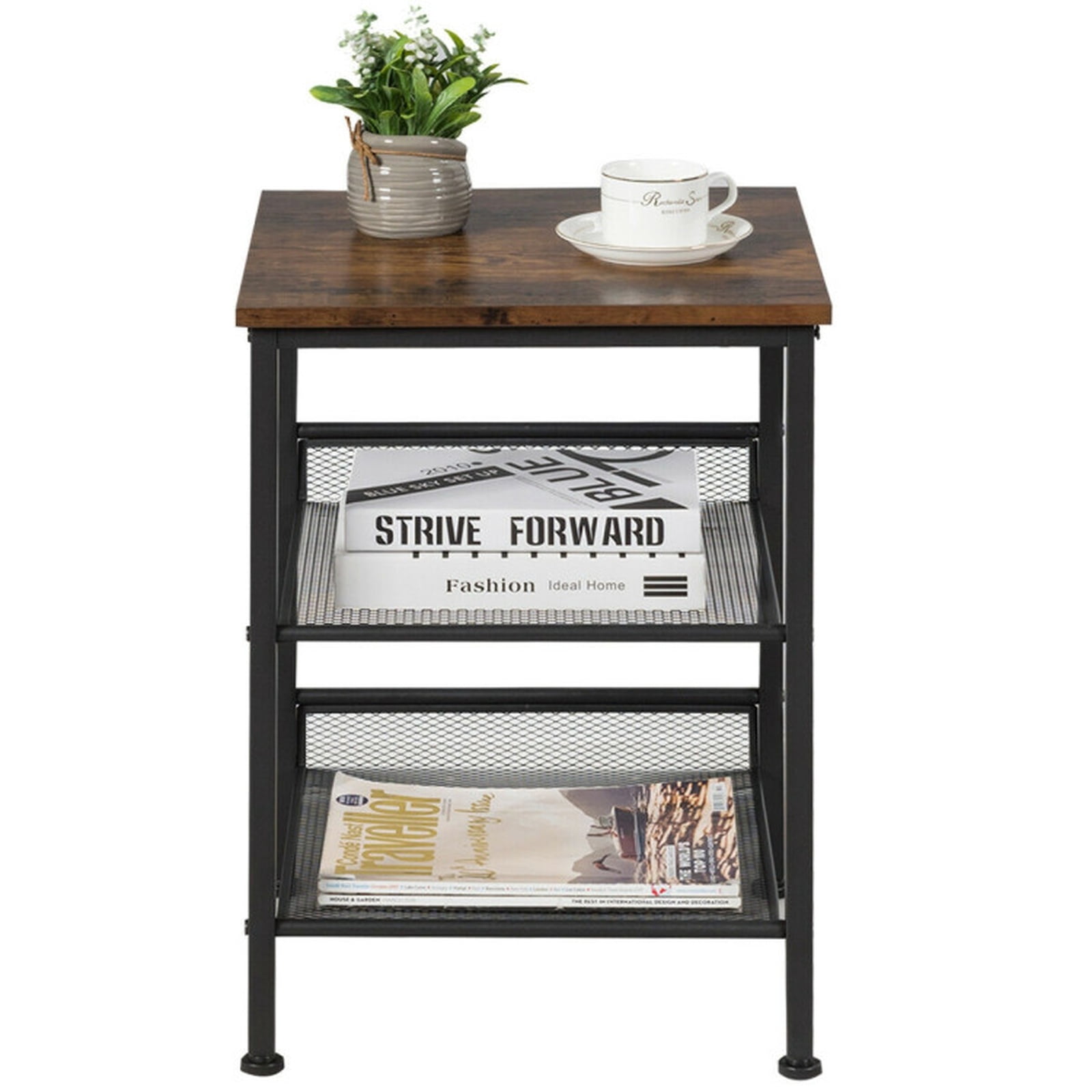 Furnibear 3-Tier Industrial End Table with Adjustable Mesh Shelves, Rustic Brown Wood and Metal Accent Table for Living Room, Bedroom, and Office