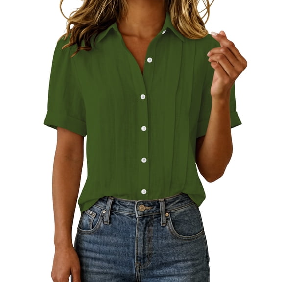 hoksml Women's Cotton-Linen Short Sleeve Button-Down Blouse, Pleated Front Casual Shirt Business Casual Top