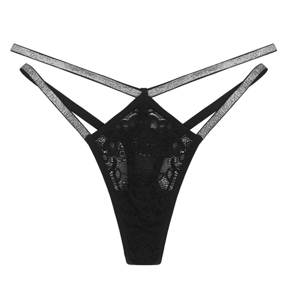 Shiny Waistband Black Lace Thong G String Thongs for Women Black Xs