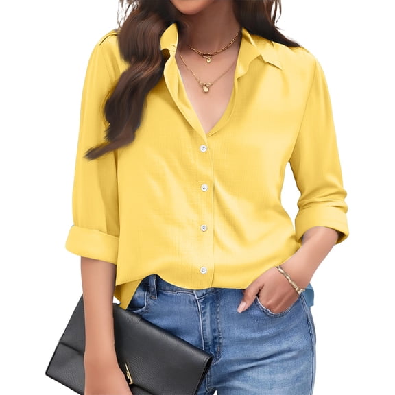 Womens Linen Button Down Shirts Loose Fit Long Sleeve Collared Blouse Casual V Neck Tops Outfits Yellow M