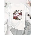 thumbnail image 2 of T-Shirt Graphique Floral pour Femmes - Col Rond Manches Courtes, Polyester Confortable, Design Fleur et Papillon, Haut d'Été Décontracté Tee-Shirt Graphique Floral Str, 2 of 7