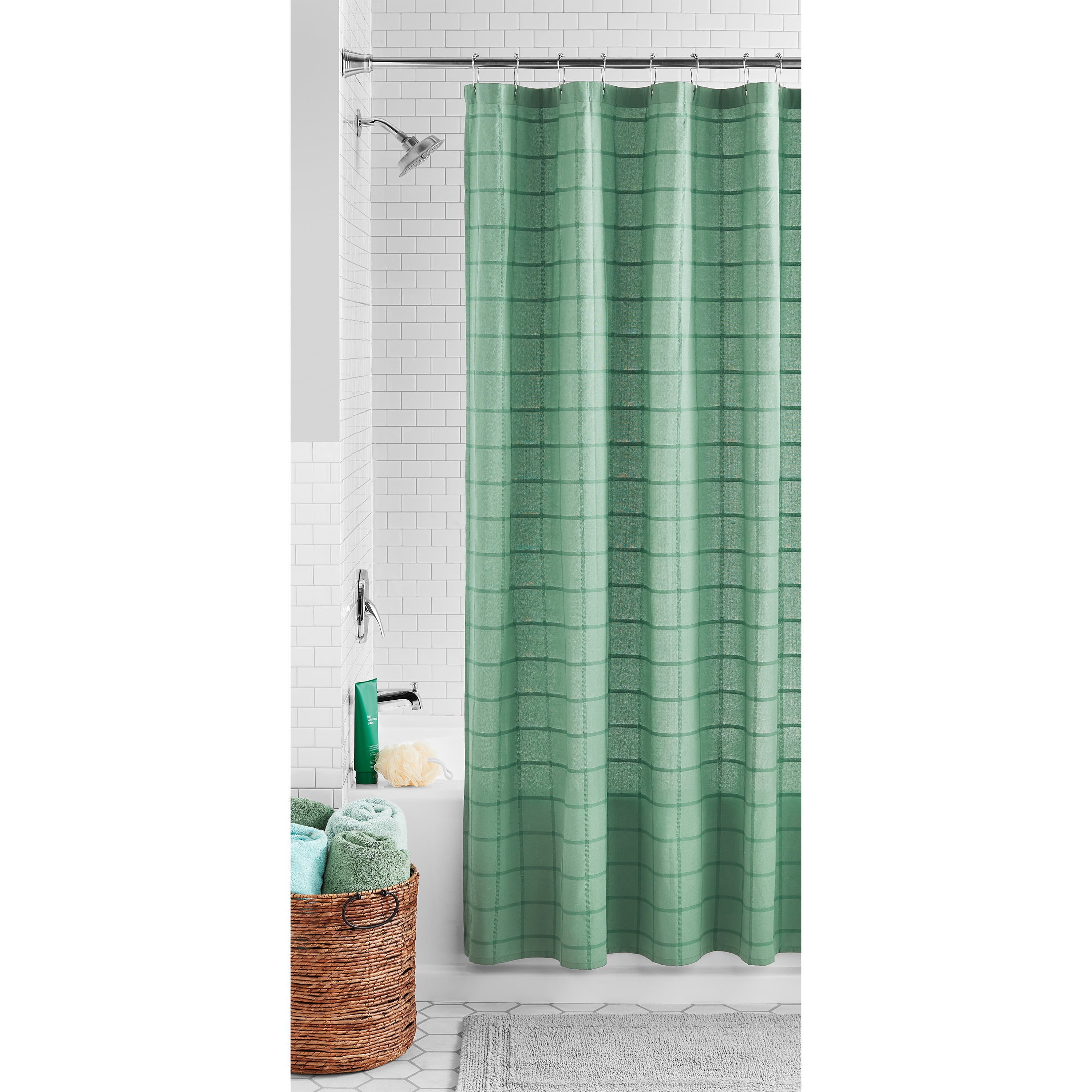 Mainstays Green Plaid Shower Curtain, Polyester-Cotton Blend, 72 in x 72 in