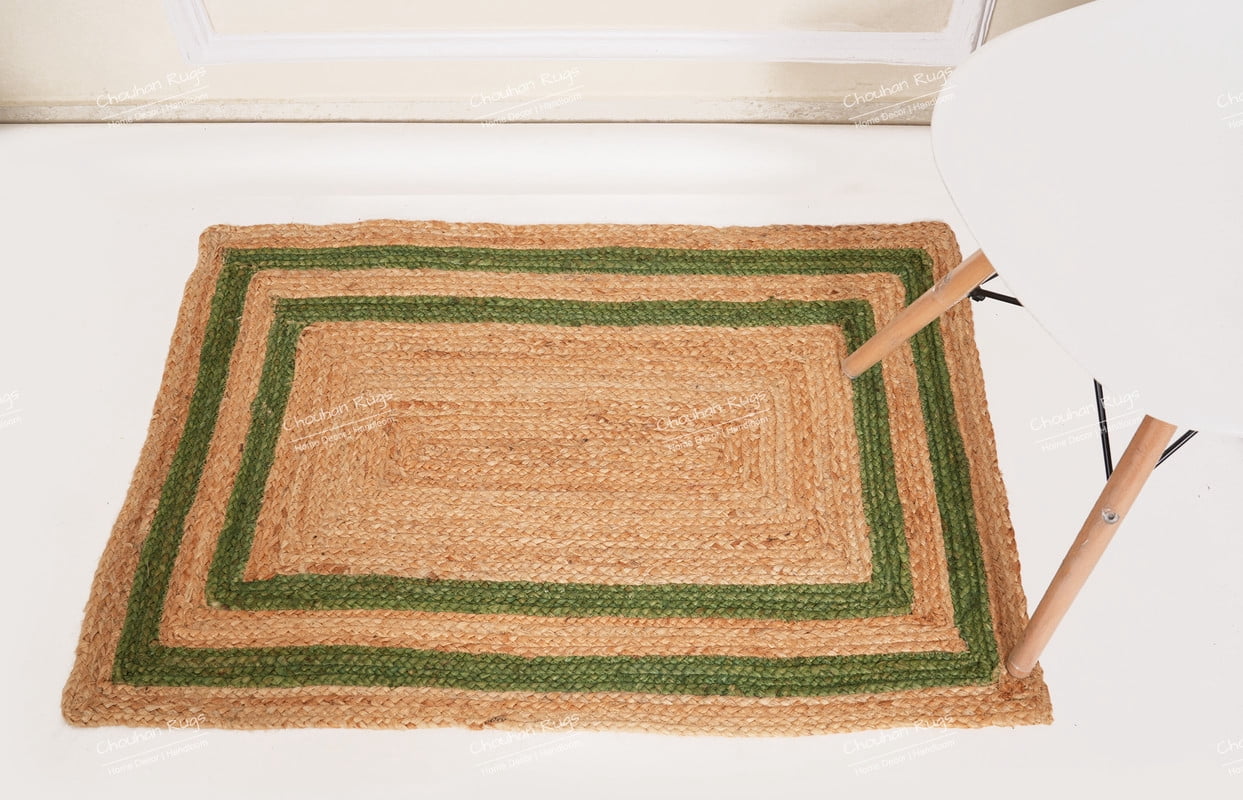 Rectangle Rug Natural Jute Rug Hand Braided Beige and Green Color Rounding Line Area Rug